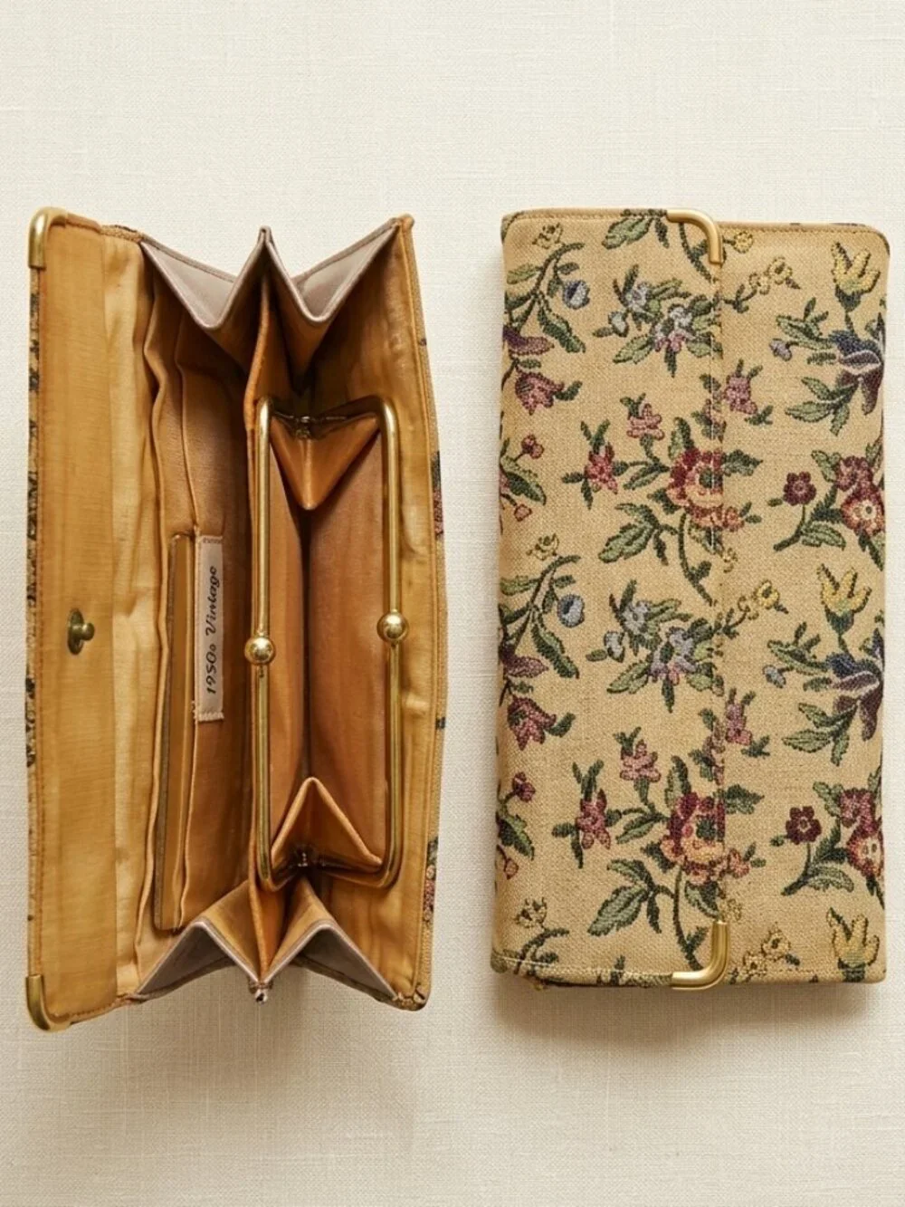 VTG 1950s tapestry wallet change purse with thick vintage mirror mini bag